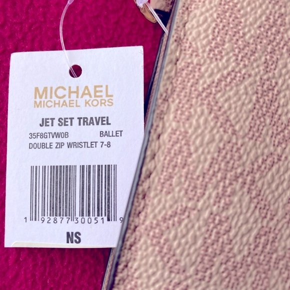 Michael Kors Women's Jet Set Travel Double Zip Wristlet - Pink Color MK Logo - Picture 3 of 3